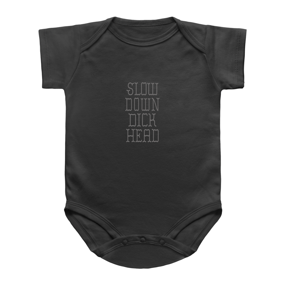 A dark charcoal gray infant onesie with short sleeves and a crew neck, featuring the text &