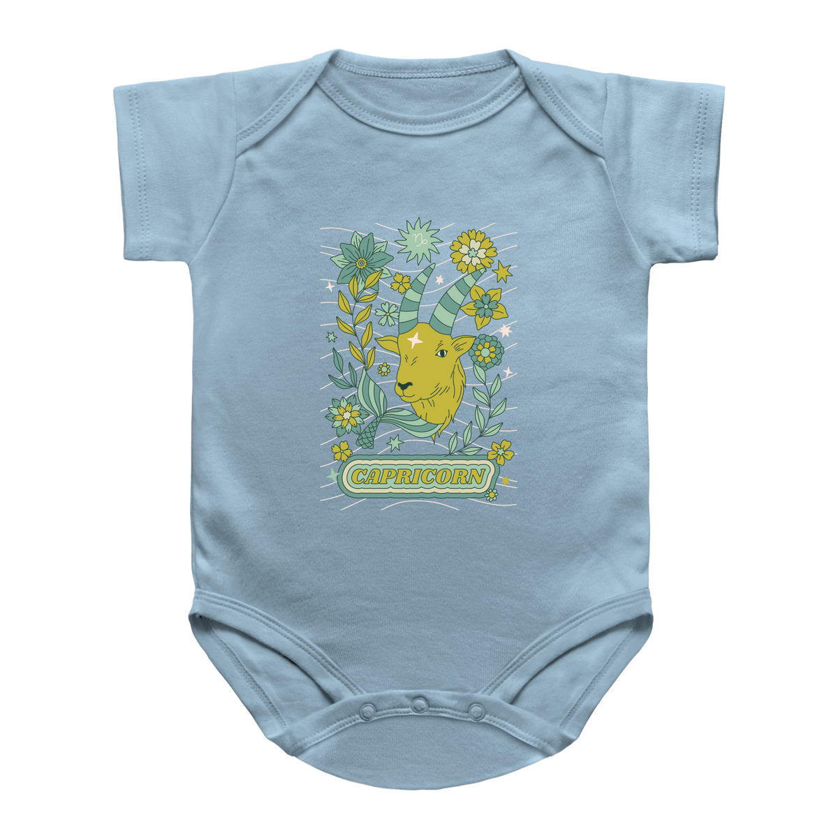 A light blue short-sleeve infant onesie featuring a Capricorn astrology goat surrounded by tarot flowers, with the word &