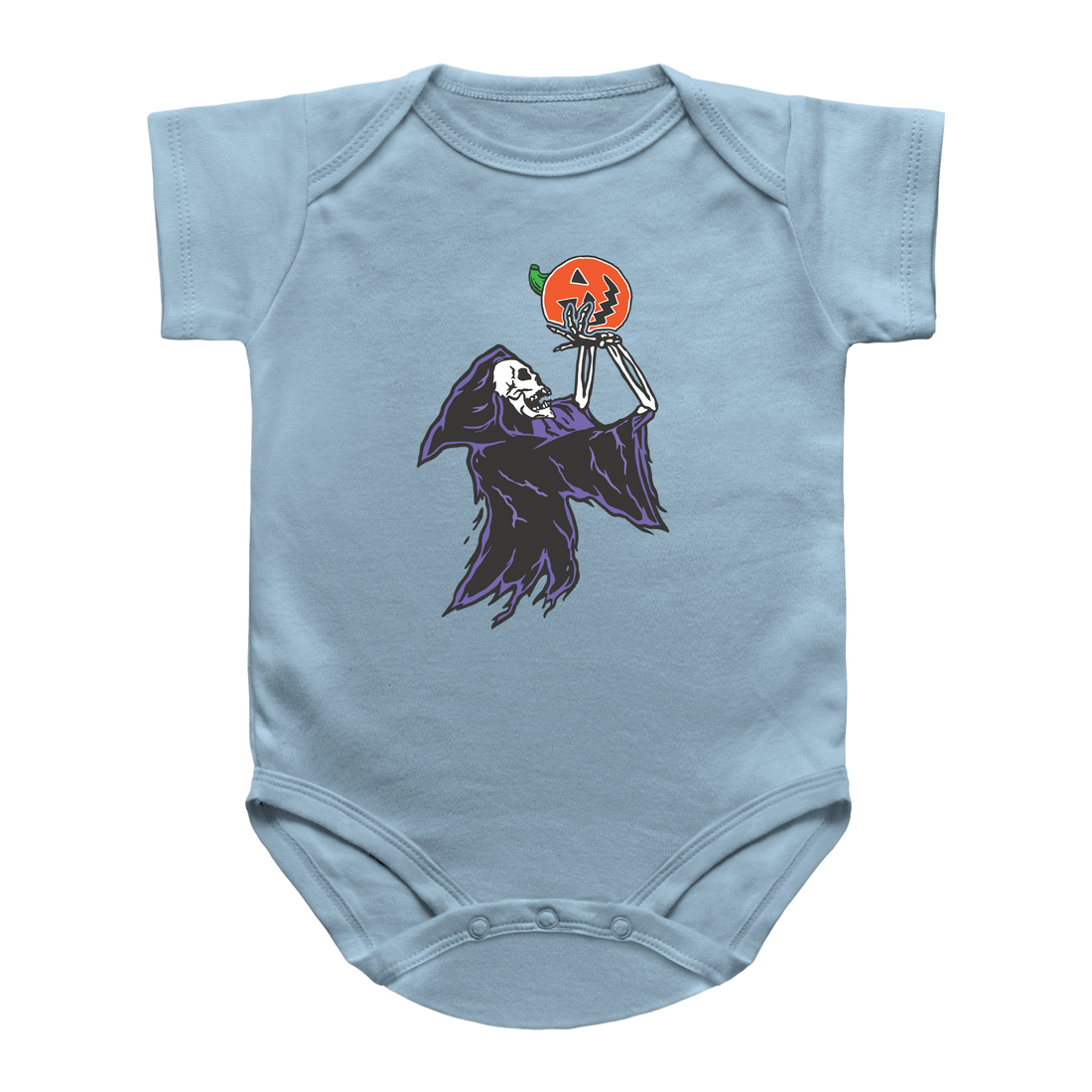 A light blue infant onesie featuring a Halloween graphic of a skeleton grim reaper playing basketball with a jack-o&