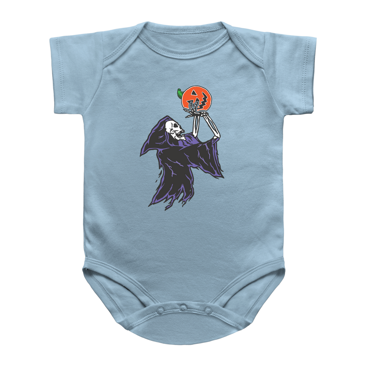 A light blue infant onesie featuring a Halloween graphic of a skeleton grim reaper playing basketball with a jack-o&