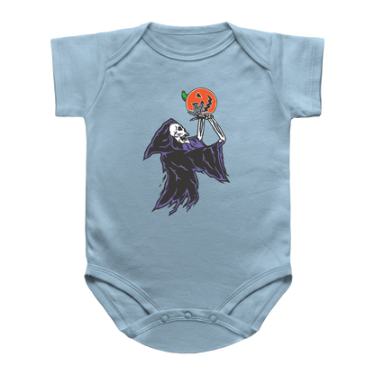 A light blue infant onesie featuring a Halloween graphic of a skeleton grim reaper playing basketball with a jack-o&