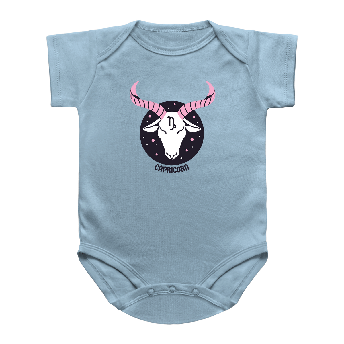 A light blue baby infant onesie featuring a printed graphic of a Capricorn zodiac sign. The graphic shows a white goat head with pink striped horns inside a black circle with stars, and the word &