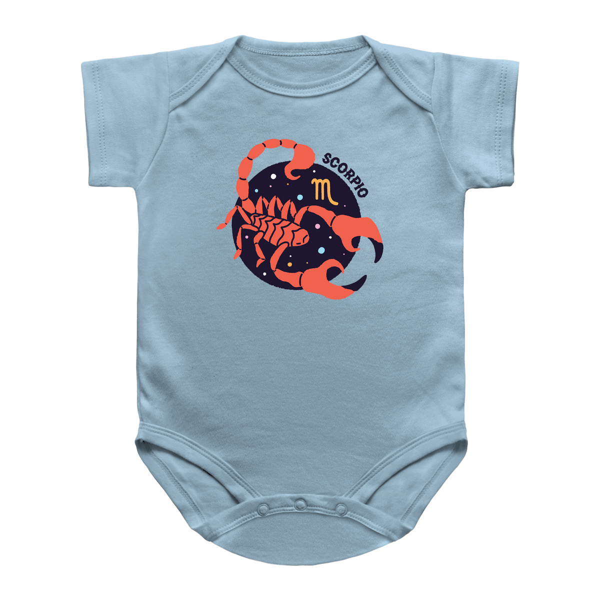 A light blue short-sleeve infant onesie featuring a graphic of a scorpion Scorpio astrology sign in orange and dark blue with the word &