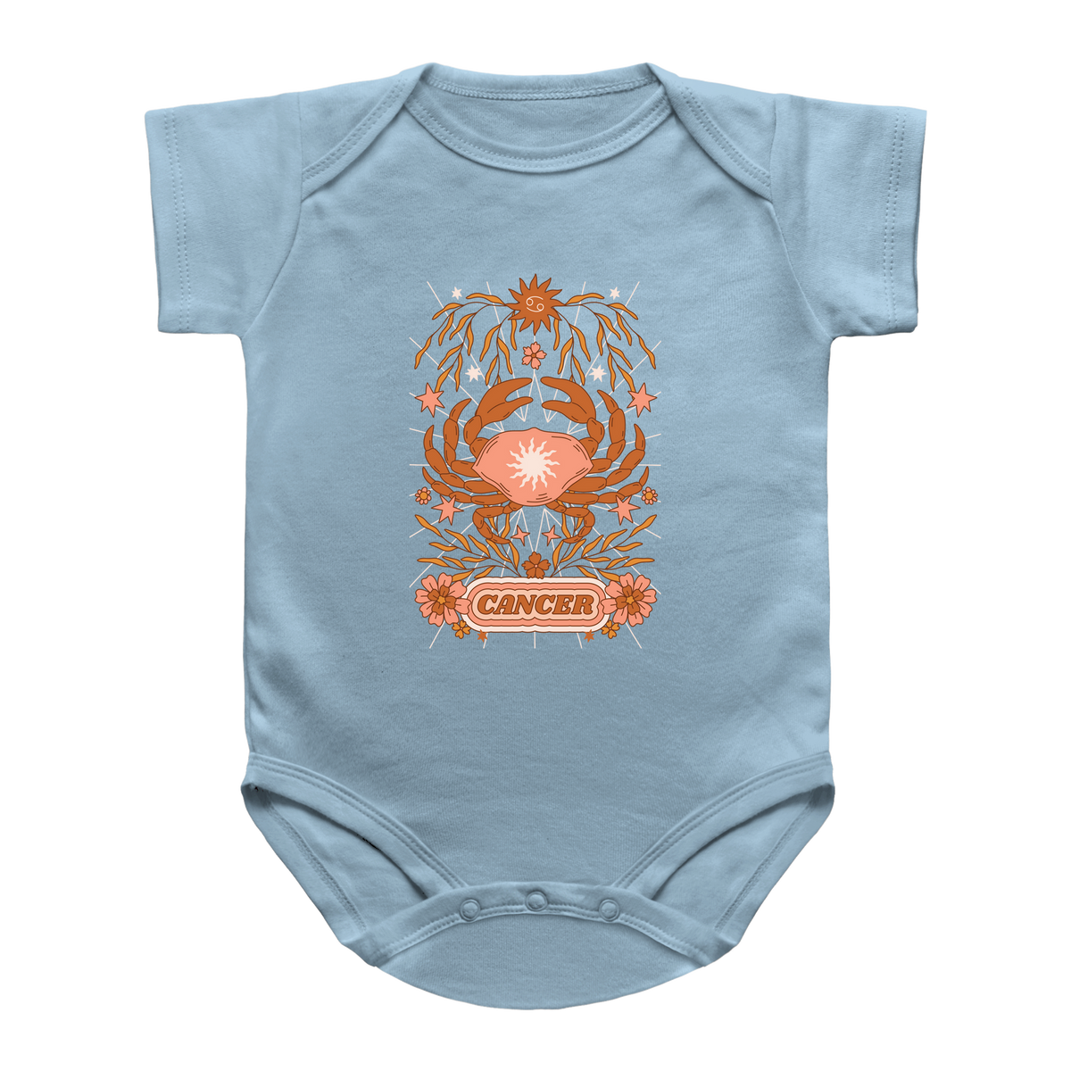 A light blue baby infant bodysuit featuring a tarot style orange and pink crab graphic with the word &