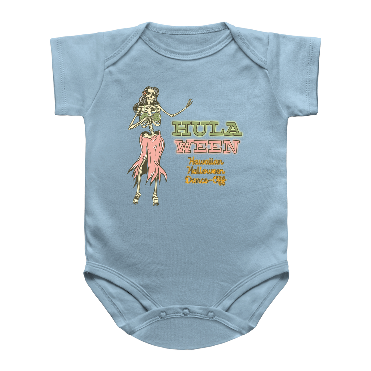 A blue infant onesie featuring a graphic of a skeleton hula dancer with the text &