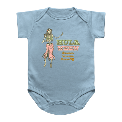 A blue infant onesie featuring a graphic of a skeleton hula dancer with the text &