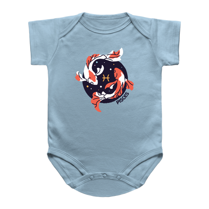A light blue short-sleeve baby bodysuit featuring a Pisces koi fish graphic on the chest, displayed against a solid white background.