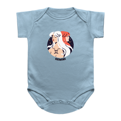 A light blue short-sleeve baby onesie featuring a circular Gemini zodiac graphic on the chest, displayed against a solid white background.