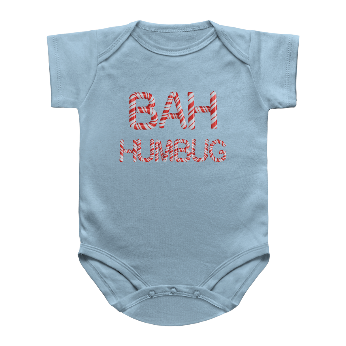 A Christmas blue baby bodysuit with short sleeves and a crew neck, featuring the text &