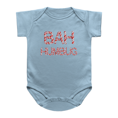 A Christmas blue baby bodysuit with short sleeves and a crew neck, featuring the text &