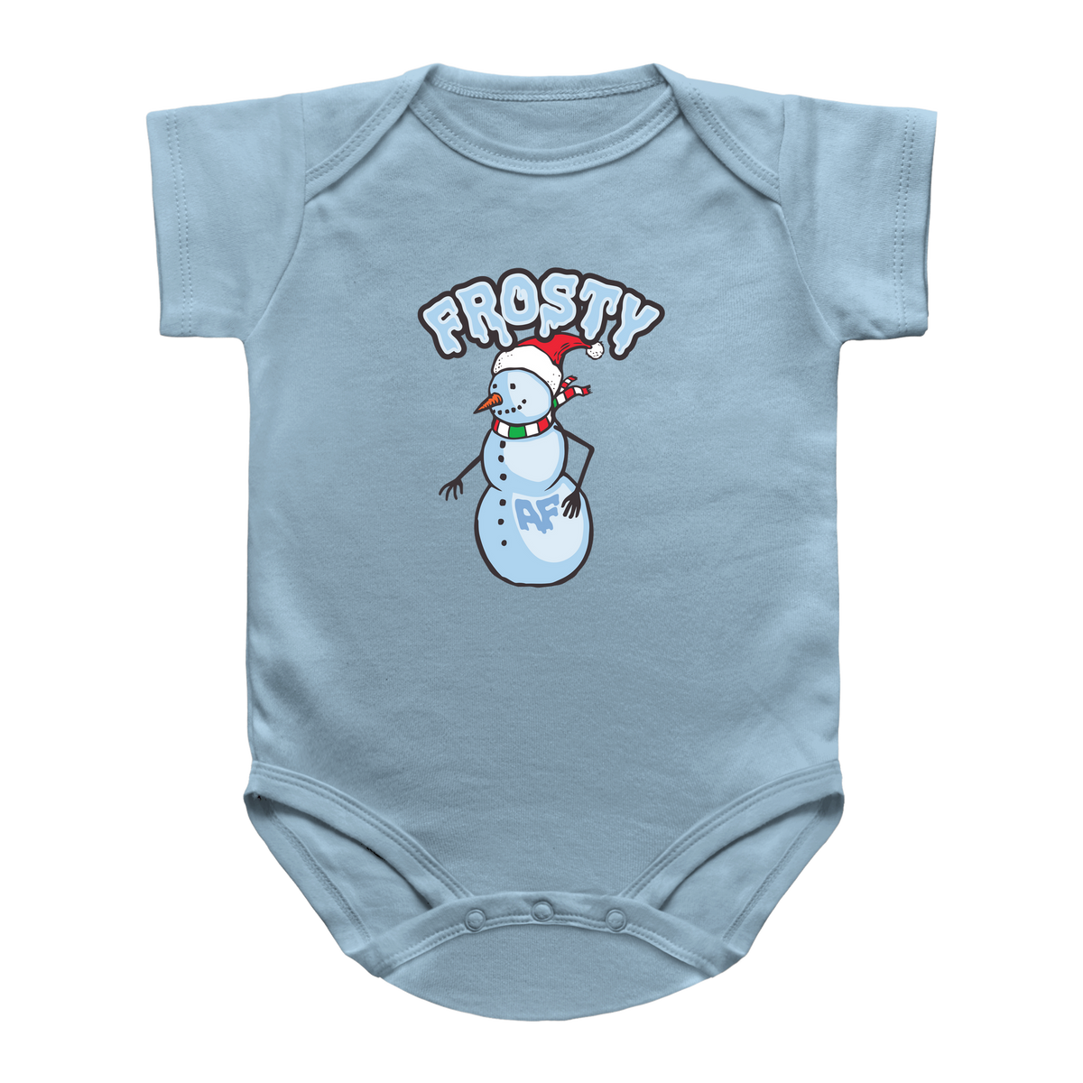 A light blue short-sleeve infant onesie featuring a snowman Santa, and the phrase &
