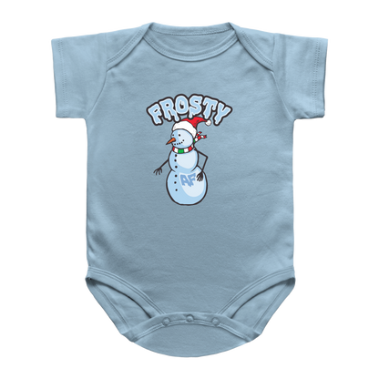 A light blue short-sleeve infant onesie featuring a snowman Santa, and the phrase &