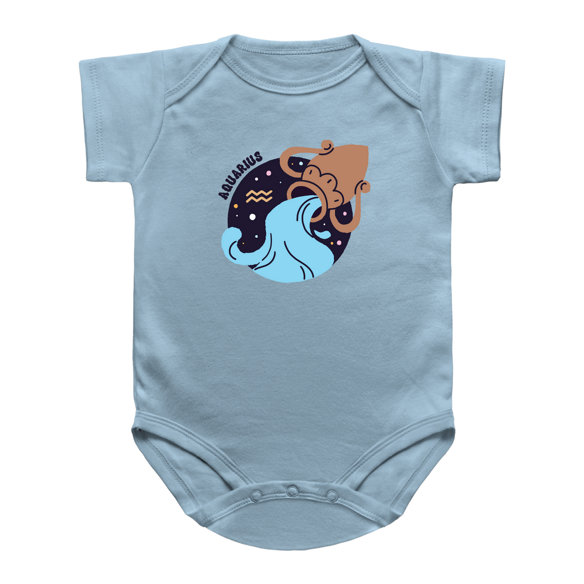 A light blue baby infant bodysuit featuring a graphic print of a pitcher in a starry night sky with the word &
