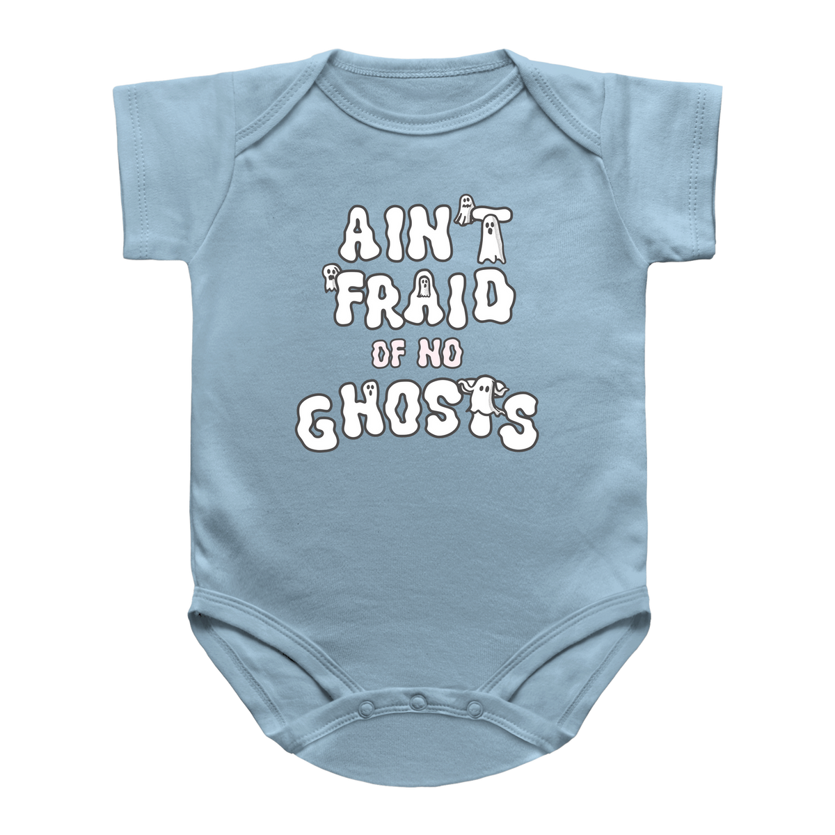 A Halloween light blue baby bodysuit with a text that reads &