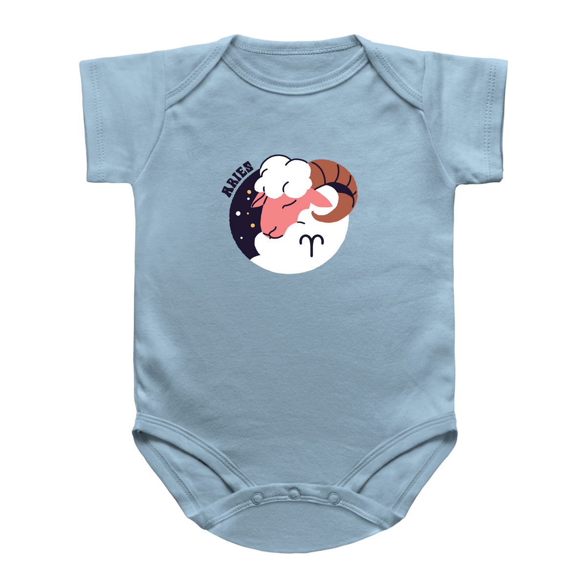 A blue short-sleeve infant baby bodysuit featuring a circular graphic of a ram&