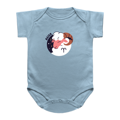 A blue short-sleeve infant baby bodysuit featuring a circular graphic of a ram&