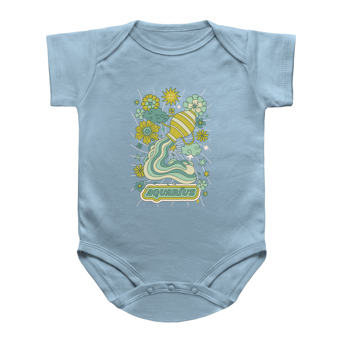A light blue short-sleeve baby baby onesie featuring a colorful retro graphic of an Aquarius zodiac sign surrounded by flowers.