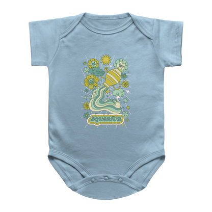 A light blue short-sleeve baby baby onesie featuring a colorful retro graphic of an Aquarius zodiac sign surrounded by flowers.