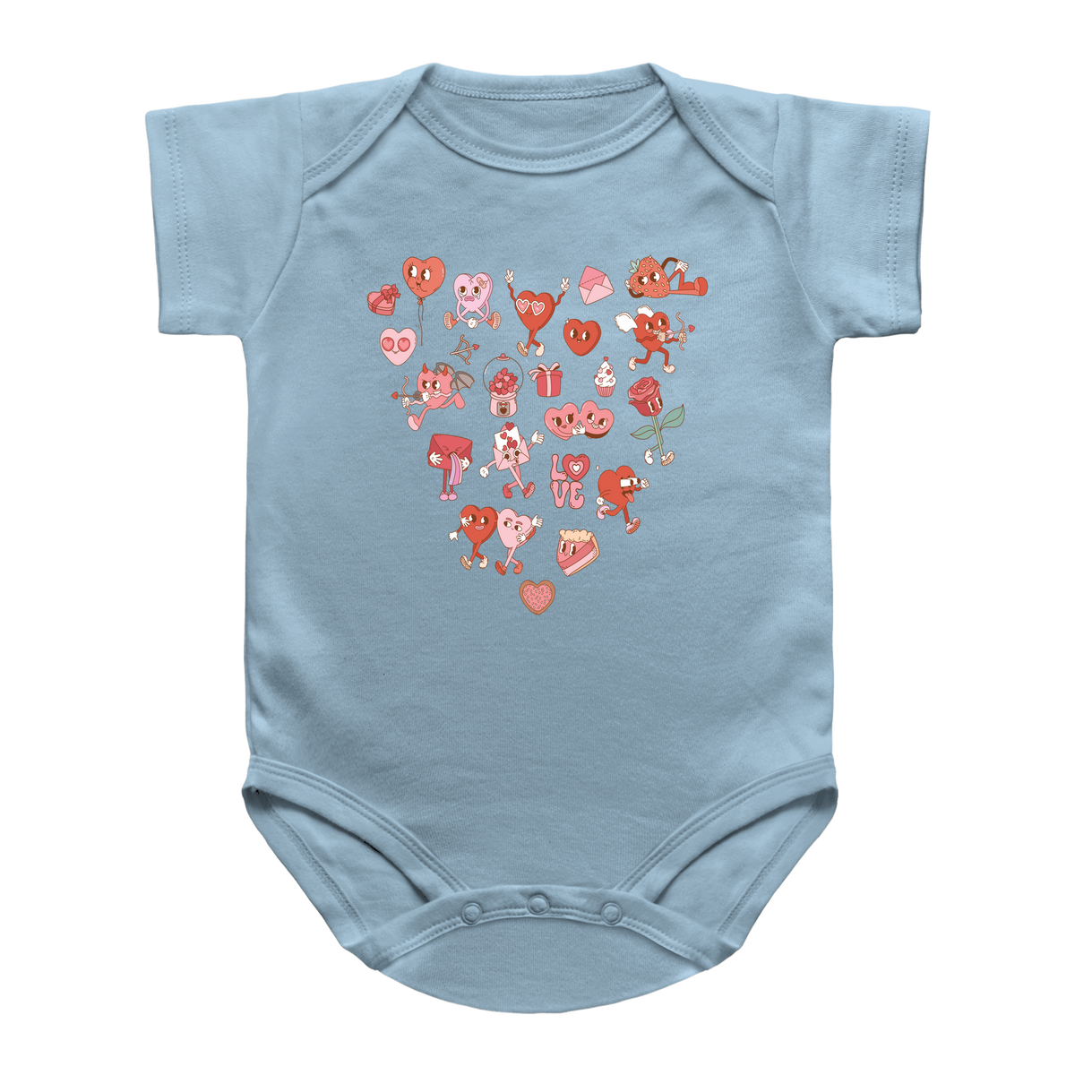 A light blue infant onesie featuring a heart-shaped graphic print on the chest made of cute cartoon hearts, roses, and Valentine-themed illustrations in red, pink, and brown tones.