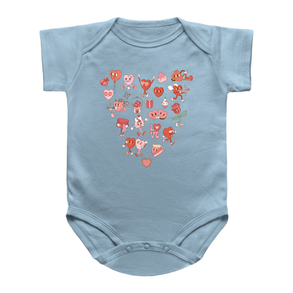 A light blue infant onesie featuring a heart-shaped graphic print on the chest made of cute cartoon hearts, roses, and Valentine-themed illustrations in red, pink, and brown tones.