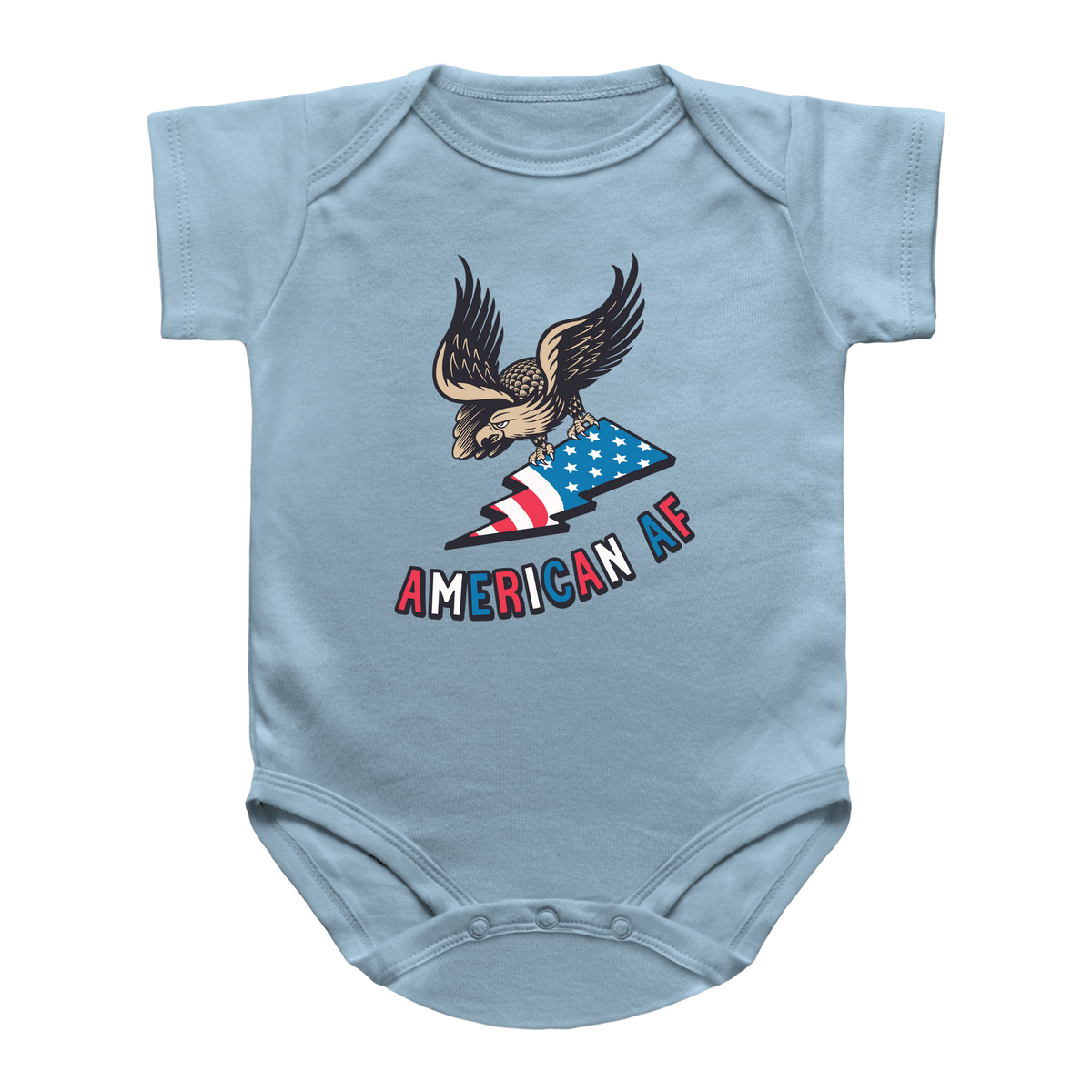 A light blue short-sleeve baby bodysuit for 4th of July featuring a graphic of an eagle holding an American flag with the text &