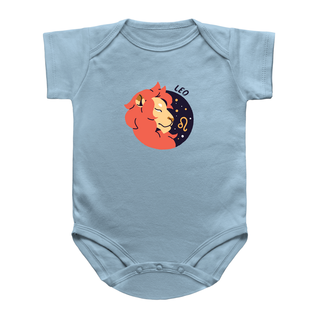 A light blue short-sleeve infant onesie with a graphic of a Leo zodiac sign, featuring an orange lion face against  gold stars and the word &