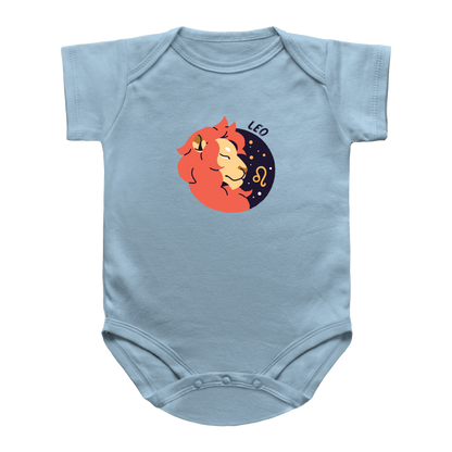 A light blue short-sleeve infant onesie with a graphic of a Leo zodiac sign, featuring an orange lion face against  gold stars and the word &