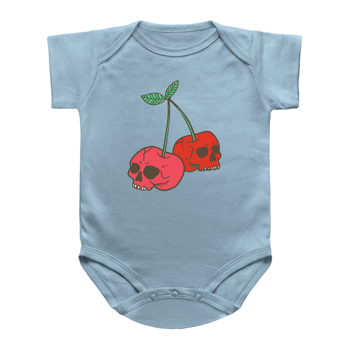 A light blue baby bodysuit featuring a graphic print of two cherries whose heads are replaced with skulls, shown against a plain white background.