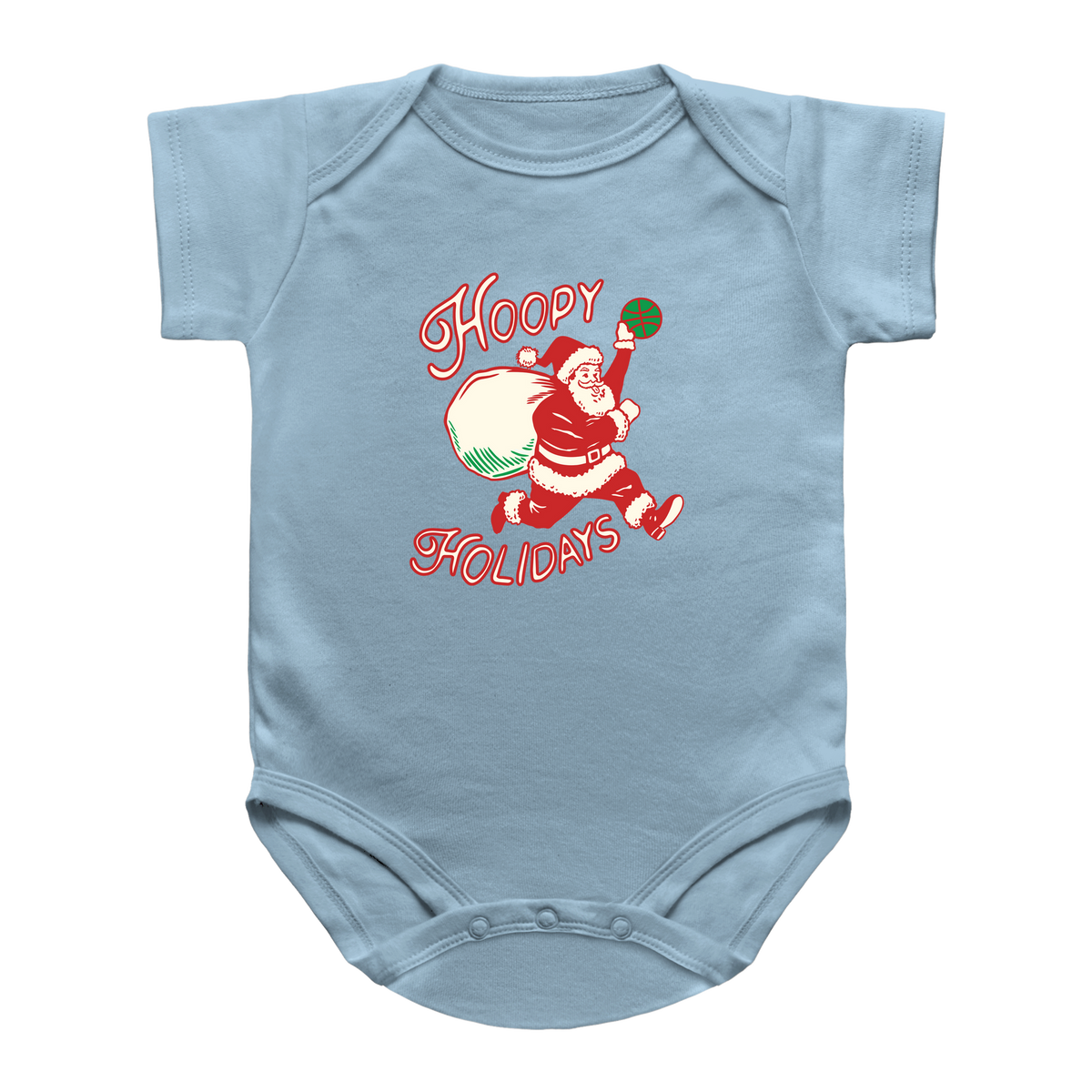 A light blue short-sleeve infant bodysuit featuring a vintage-style graphic of Santa Claus dunking a basketball with the text &