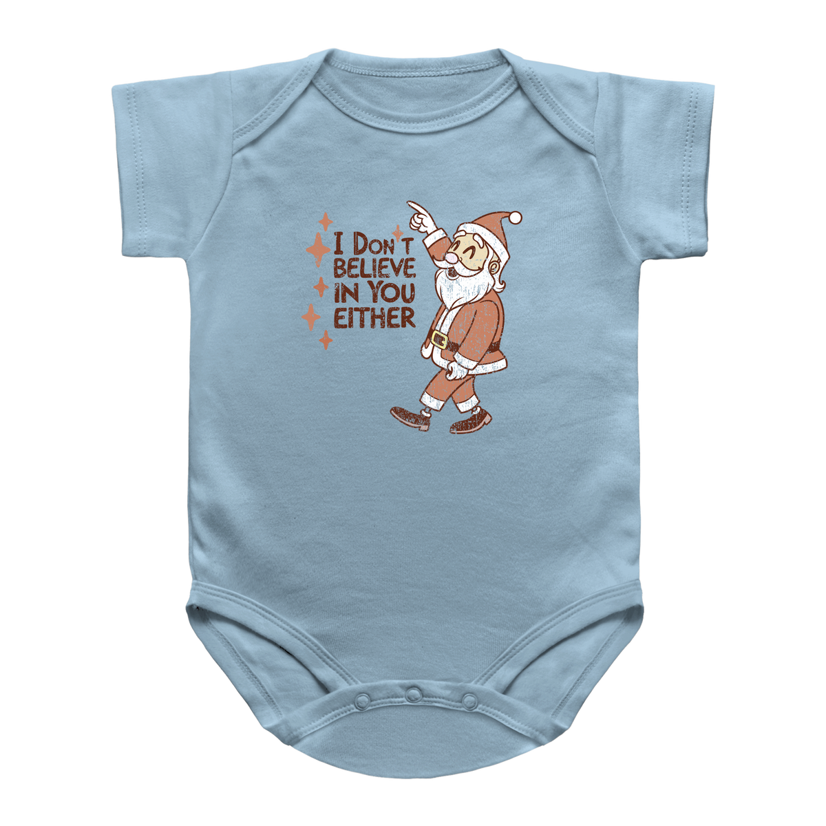 A light blue infant onesie featuring a graphic of a Santa Claus pointing upwards next to the text &