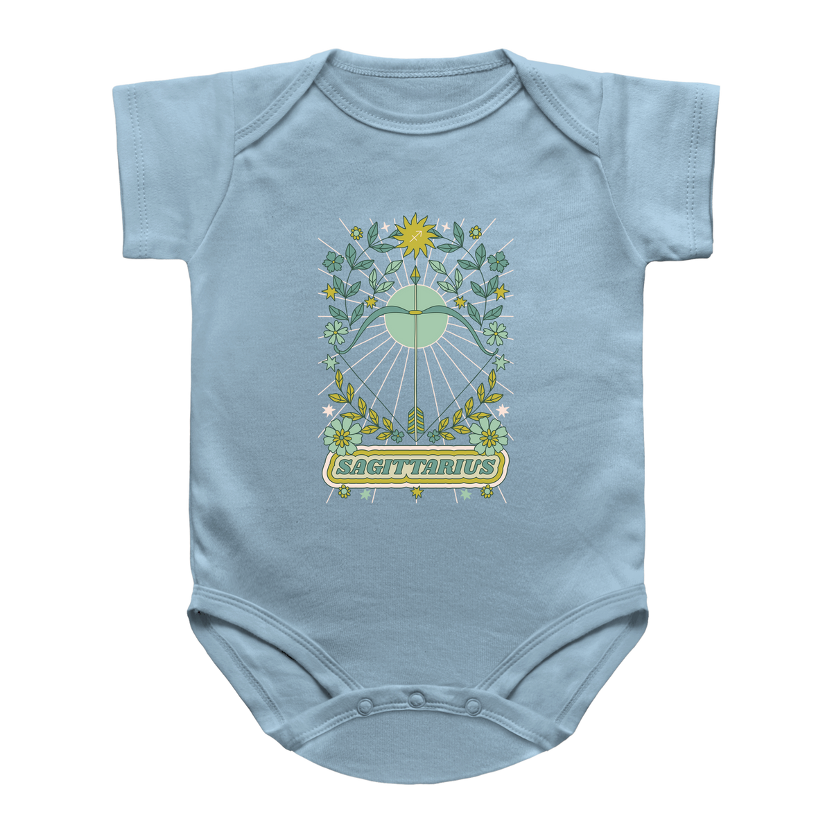 A light blue infant onesie featuring a Sagittarius astrological graphic on the chest, displayed against a solid white background.