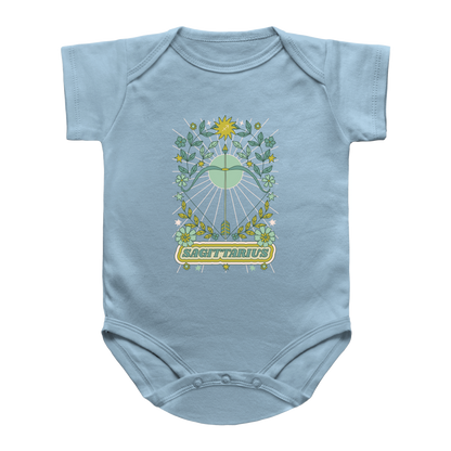 A light blue infant onesie featuring a Sagittarius astrological graphic on the chest, displayed against a solid white background.