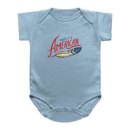 A light blue baby onesie featuring a feather graphic with the text &