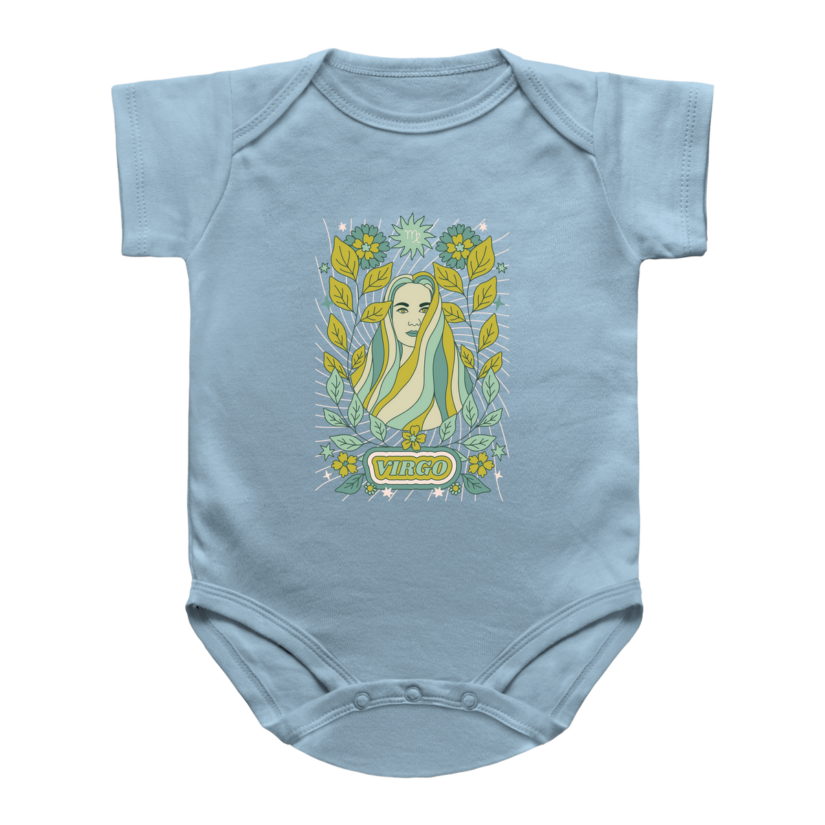 A blue infant bodysuit featuring a colorful graphic print of a Virgo-themed card illustration with the word &