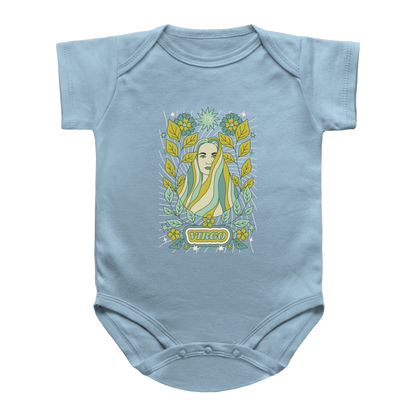 A blue infant bodysuit featuring a colorful graphic print of a Virgo-themed card illustration with the word &