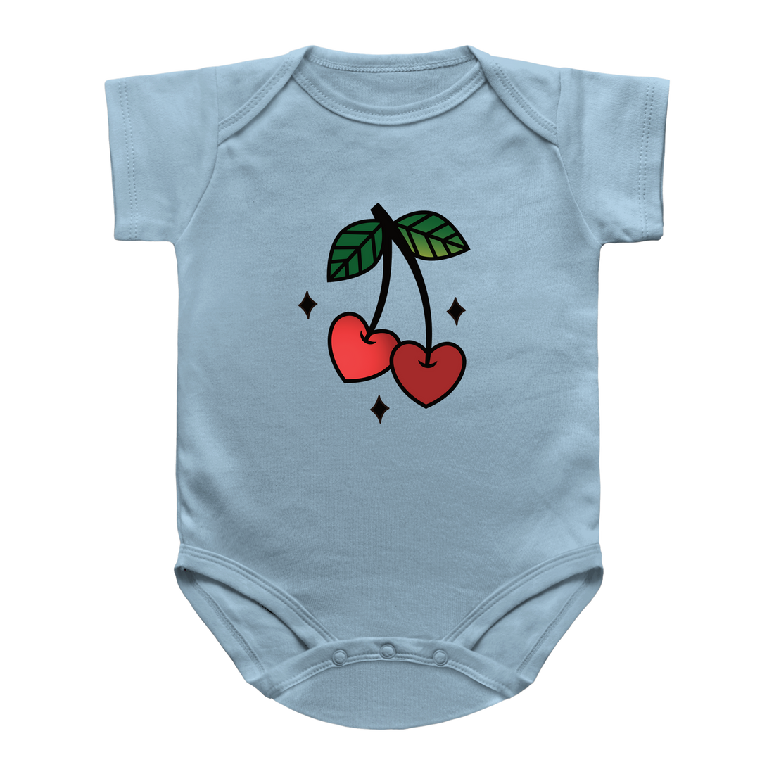 A light blue short-sleeve infant onesie featuring a Valentine&