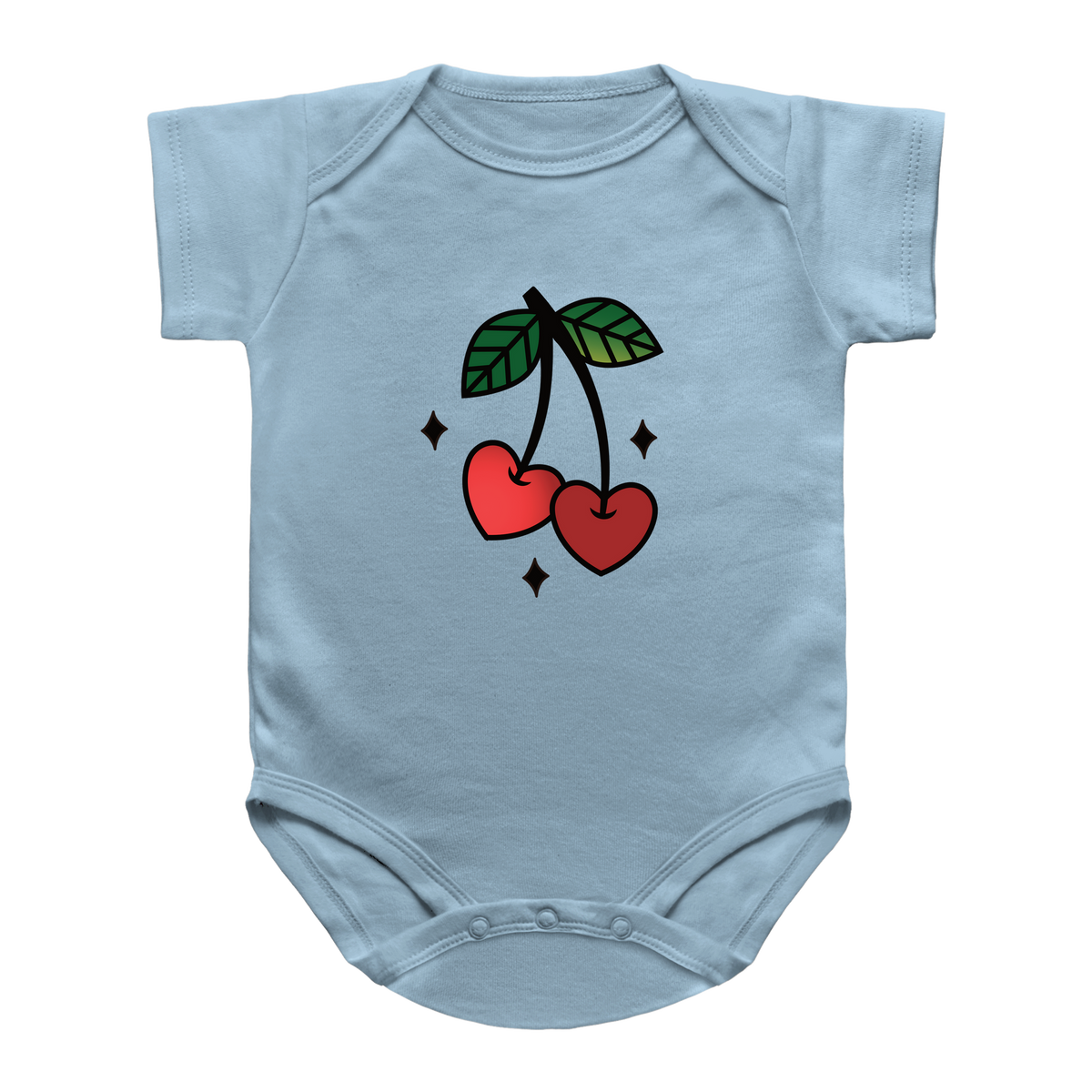 A light blue short-sleeve infant onesie featuring a Valentine&