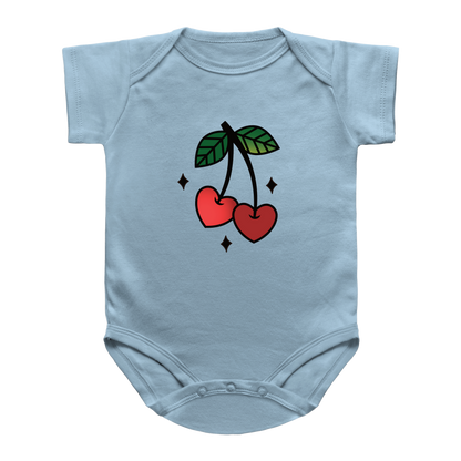 A light blue short-sleeve infant onesie featuring a Valentine&