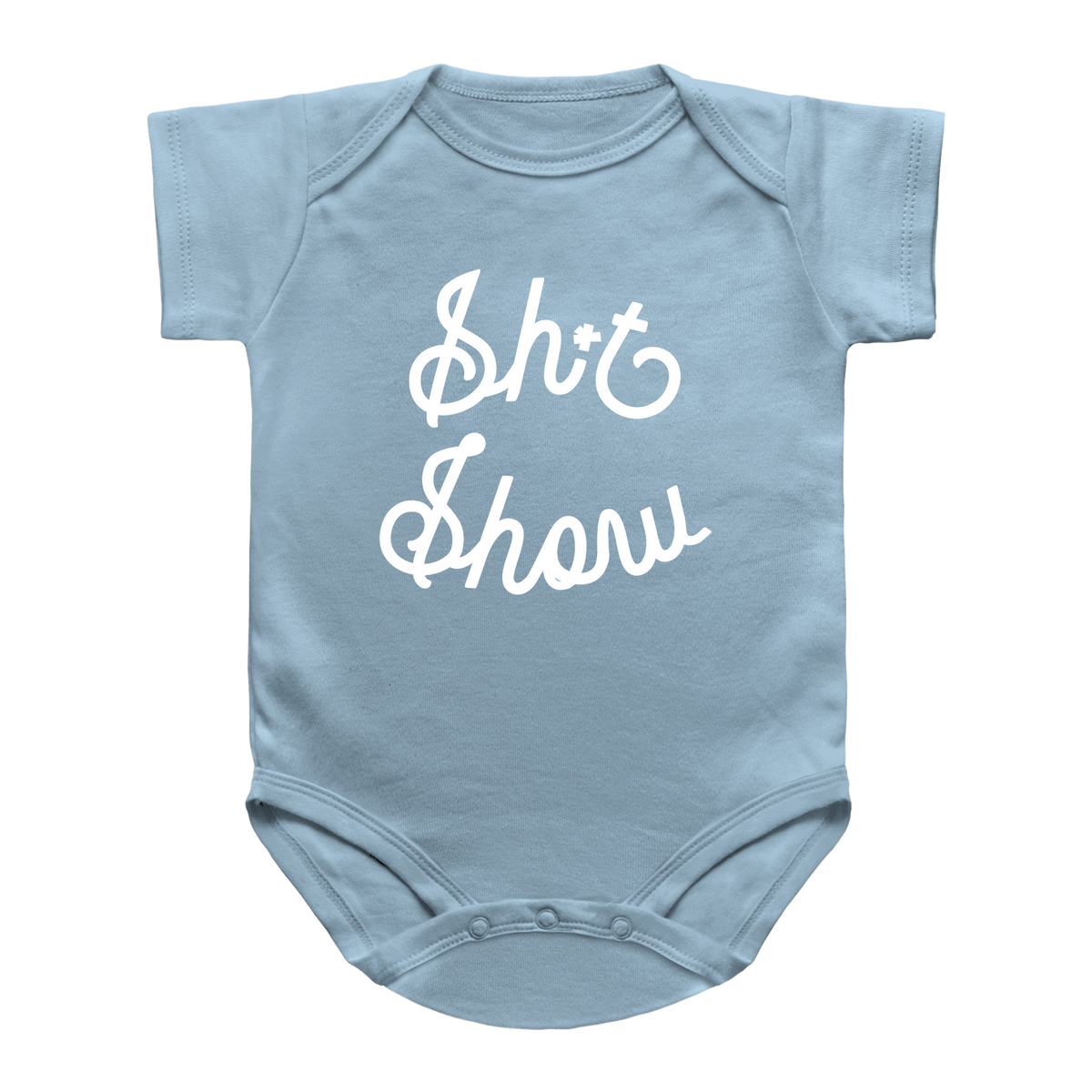 A light blue baby bodysuit with short sleeves and a white cursive graphic reading &