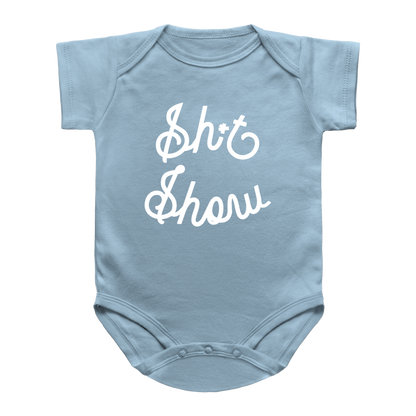 A light blue baby bodysuit with short sleeves and a white cursive graphic reading &