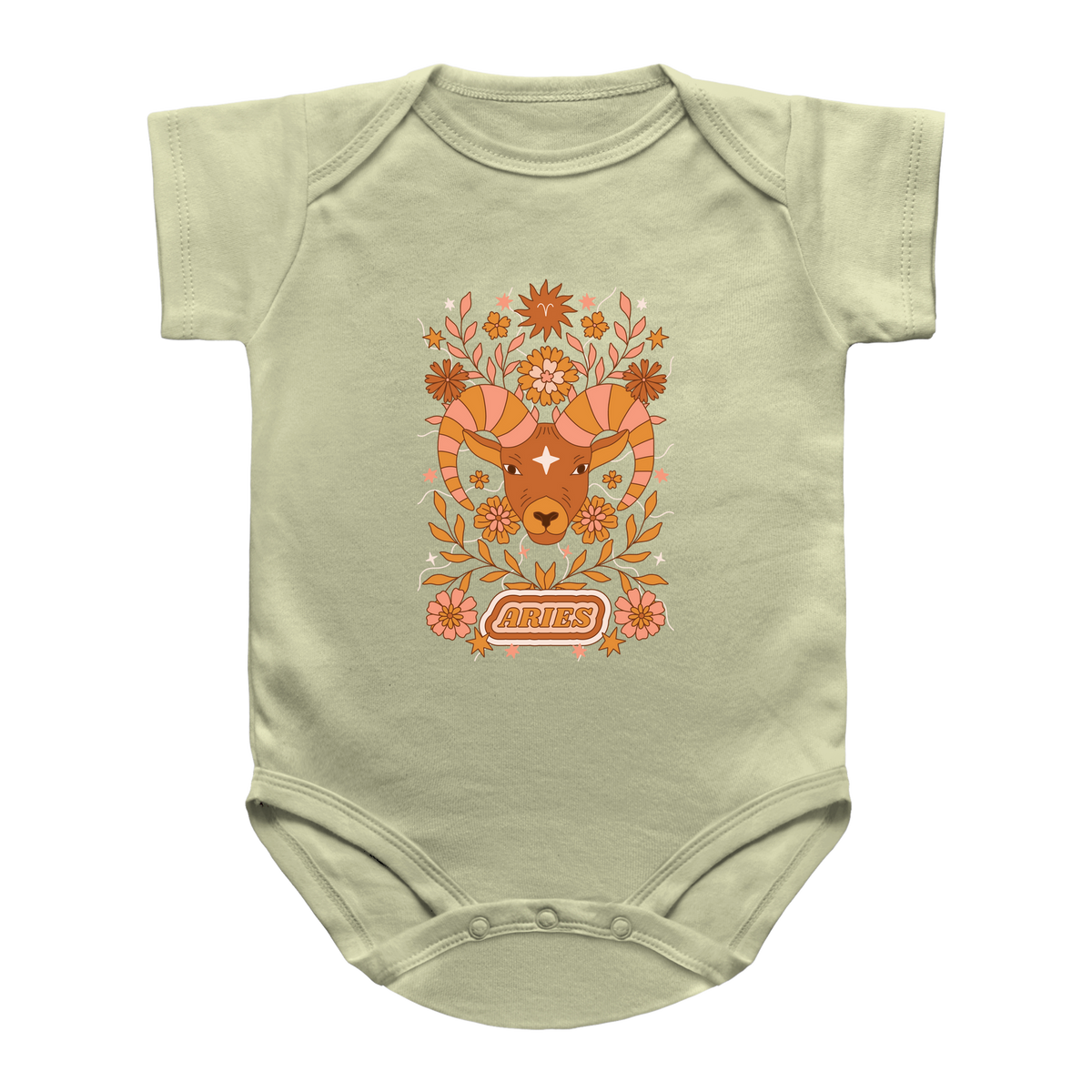 A natural baby infant bodysuit featuring a retro-style orange and brown ram graphic with floral elements and the word Aries on the front, displayed against a plain white background.