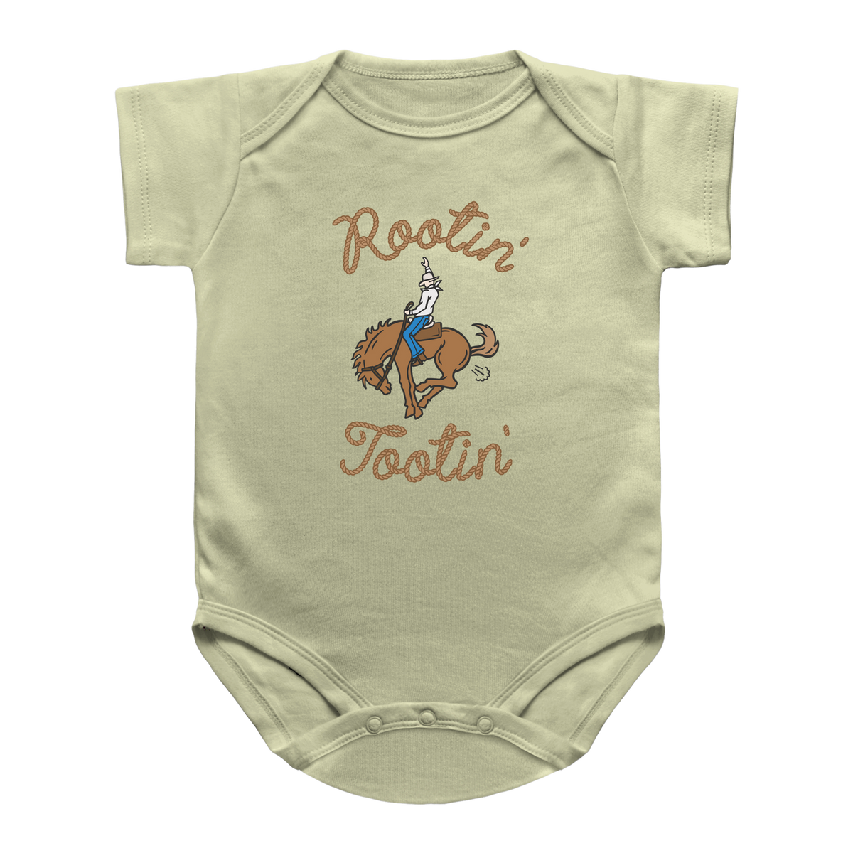 A natural color short-sleeve infant onesie with a graphic of a cowboy riding a bucking horse, farting and the words Rootin&