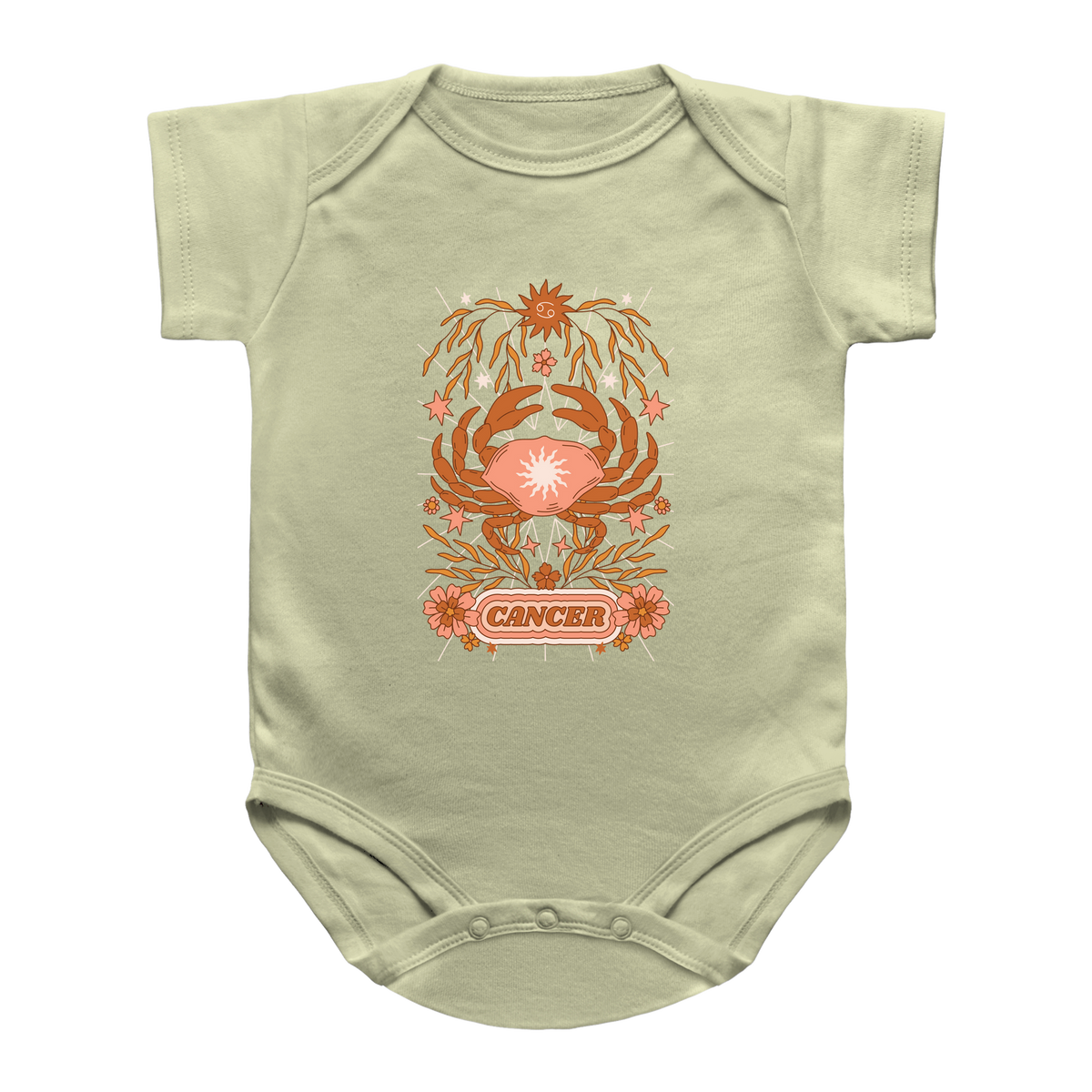 A natural baby infant bodysuit featuring a retro-style orange and pink crab graphic with the word &