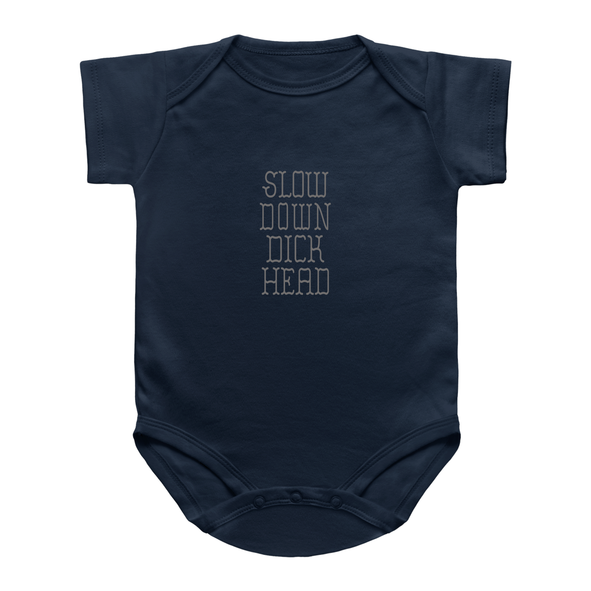 A navy blue infant onesie with short sleeves and a crew neck, featuring the text &