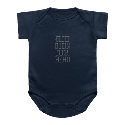 A navy blue infant onesie with short sleeves and a crew neck, featuring the text &
