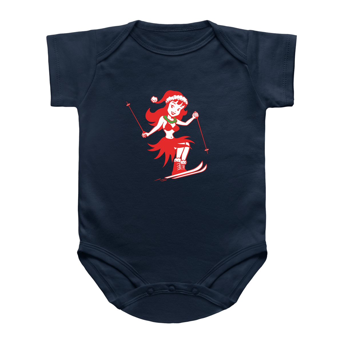 A navy blue short-sleeve infant onesie featuring a red and white graphic of a woman skiing in a Santa hat, for Christmas.