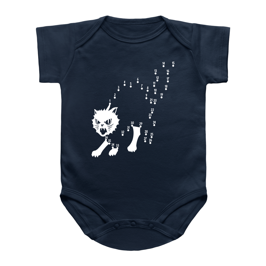 A navy blue Halloween short-sleeve baby bodysuit featuring a connect-the-dots graphic of a cat&