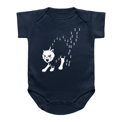 A navy blue Halloween short-sleeve baby bodysuit featuring a connect-the-dots graphic of a cat&