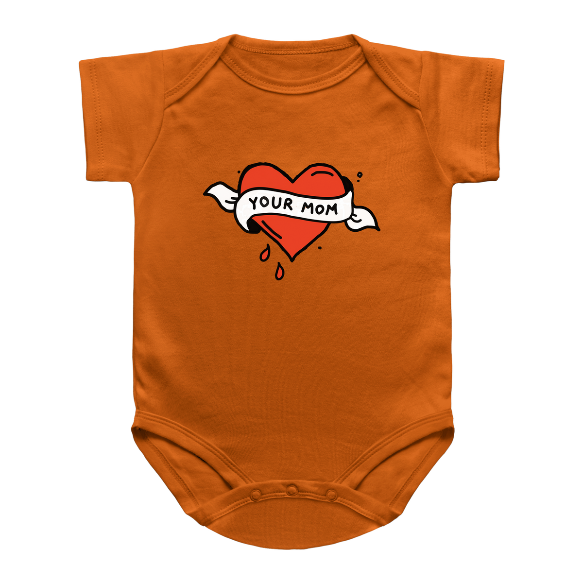An orange short-sleeve baby bodysuit featuring a graphic of a red heart with a white banner that reads &