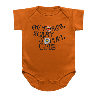An orange short-sleeve baby bodysuit with a graphic print reading &